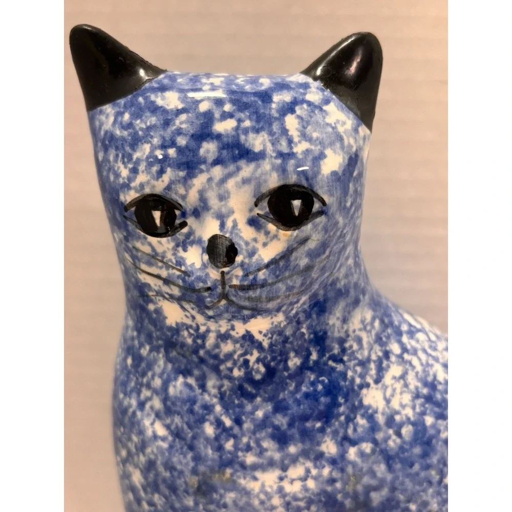 Cat Kitty Vintage Sponged Painted Blue‎ and White Coin Bank 9